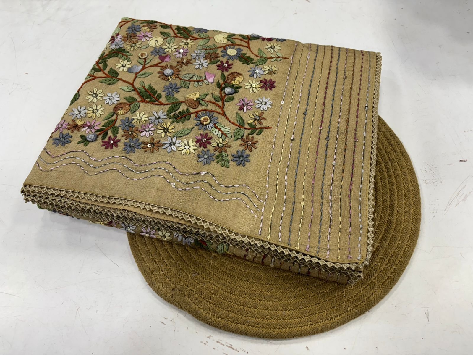 Tussar silk saree with embroidery work all over the pallu - Image 11