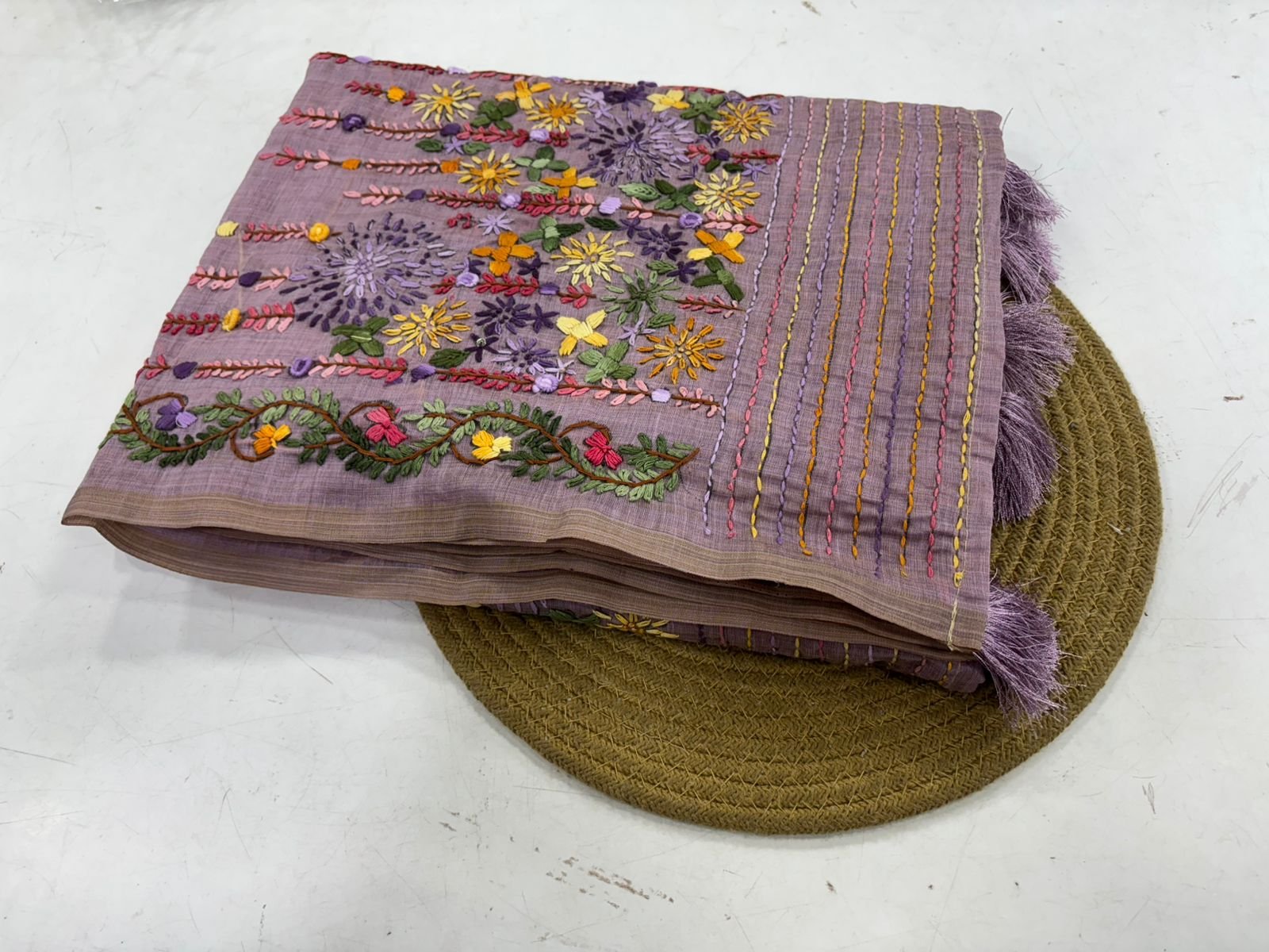 Tussar silk saree with embroidery work all over the pallu - Image 10