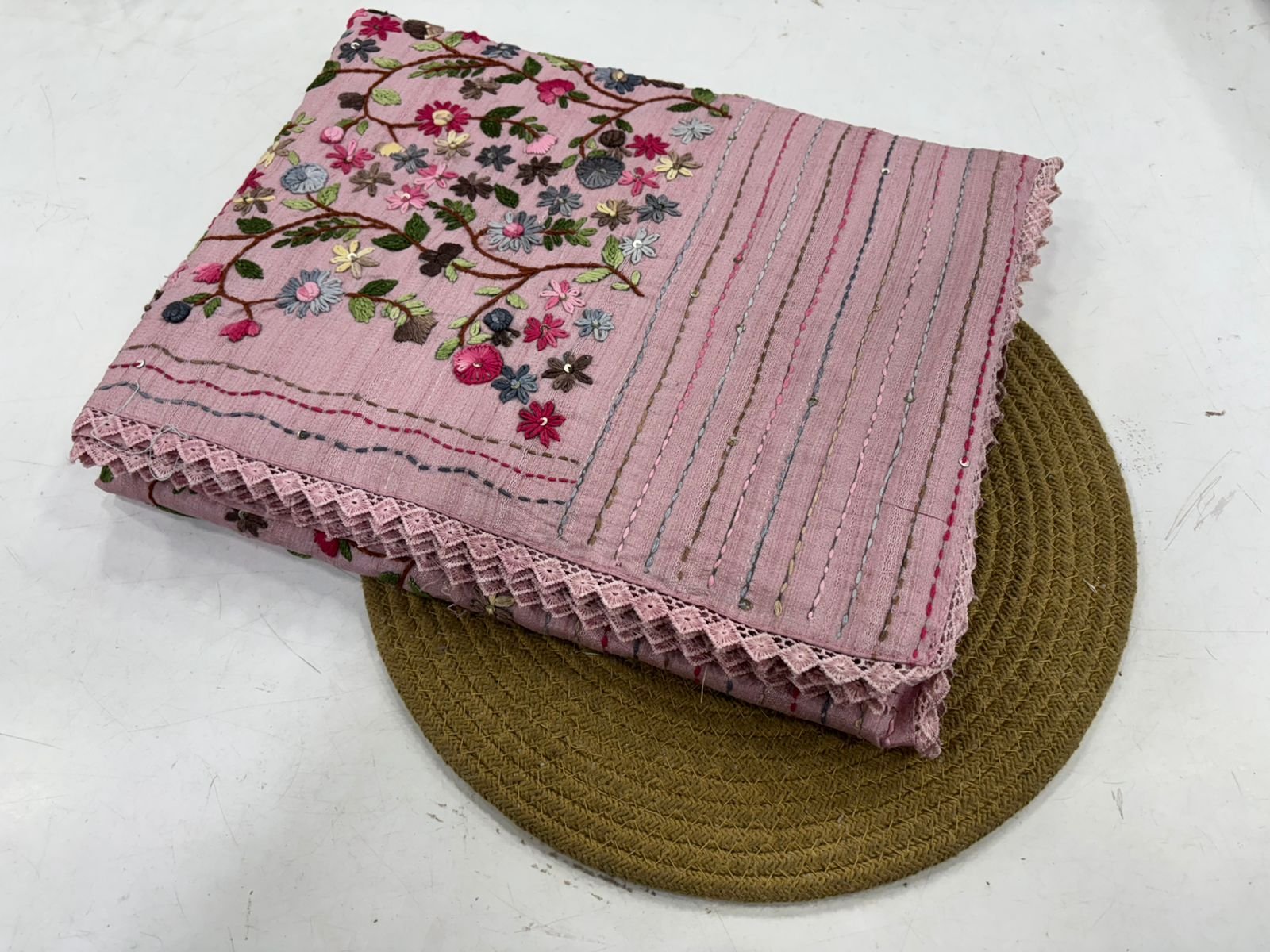 Tussar silk saree with embroidery work all over the pallu - Image 9