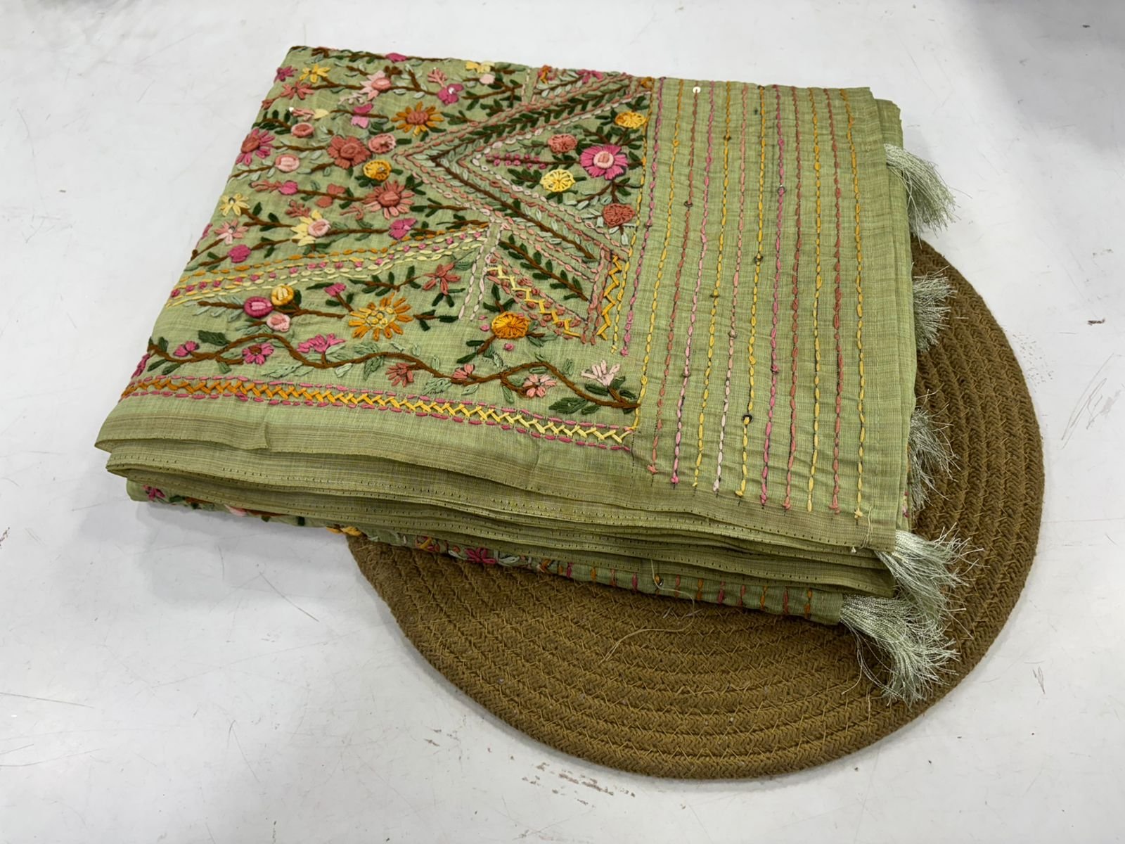 Tussar silk saree with embroidery work all over the pallu - Image 8