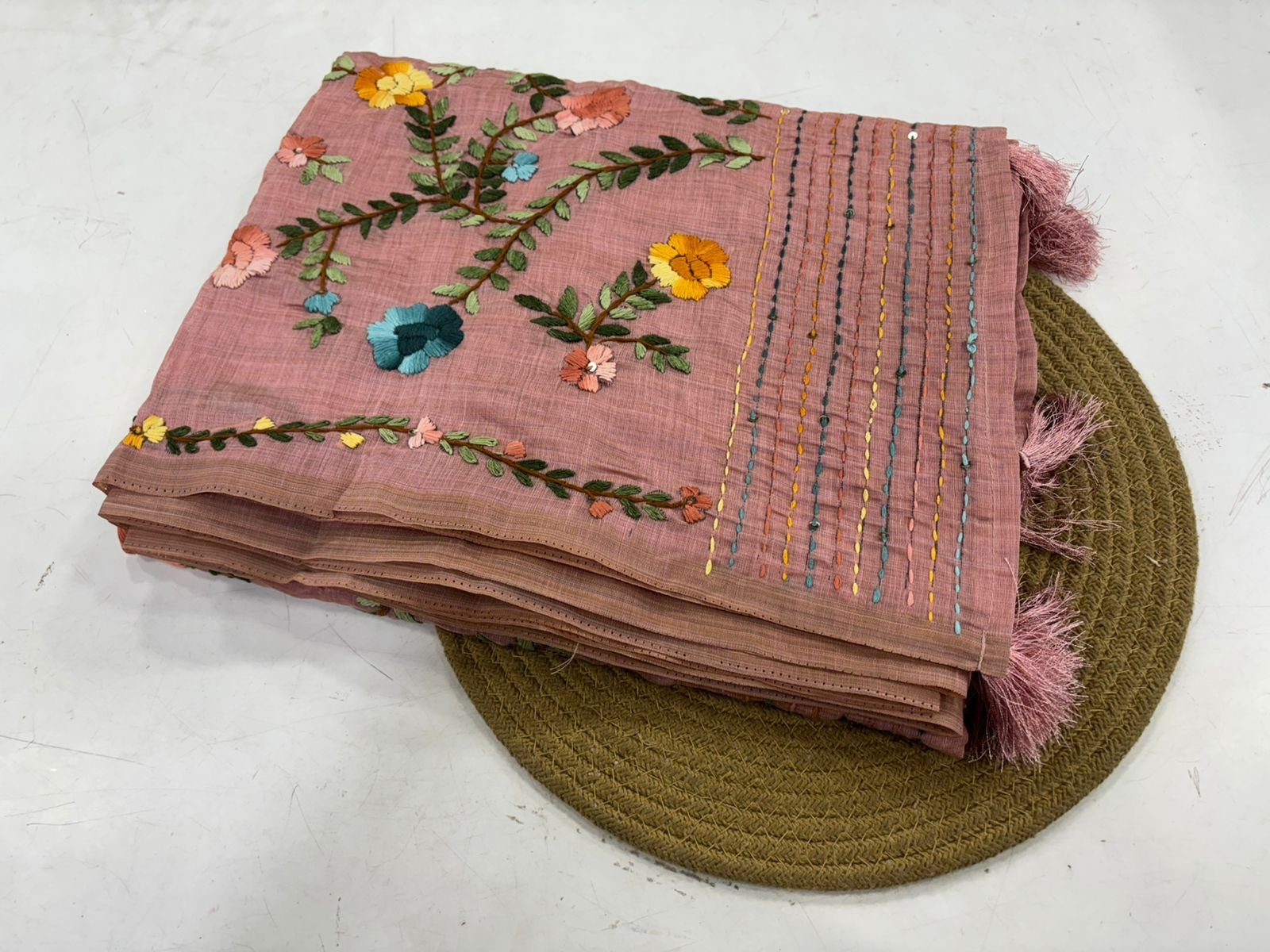 Tussar silk saree with embroidery work all over the pallu - Image 7