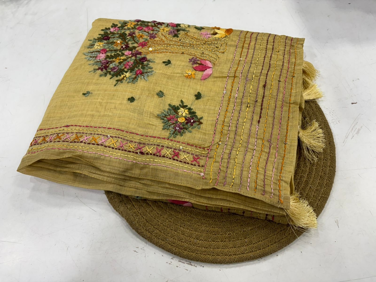 Tussar silk saree with embroidery work all over the pallu - Image 5
