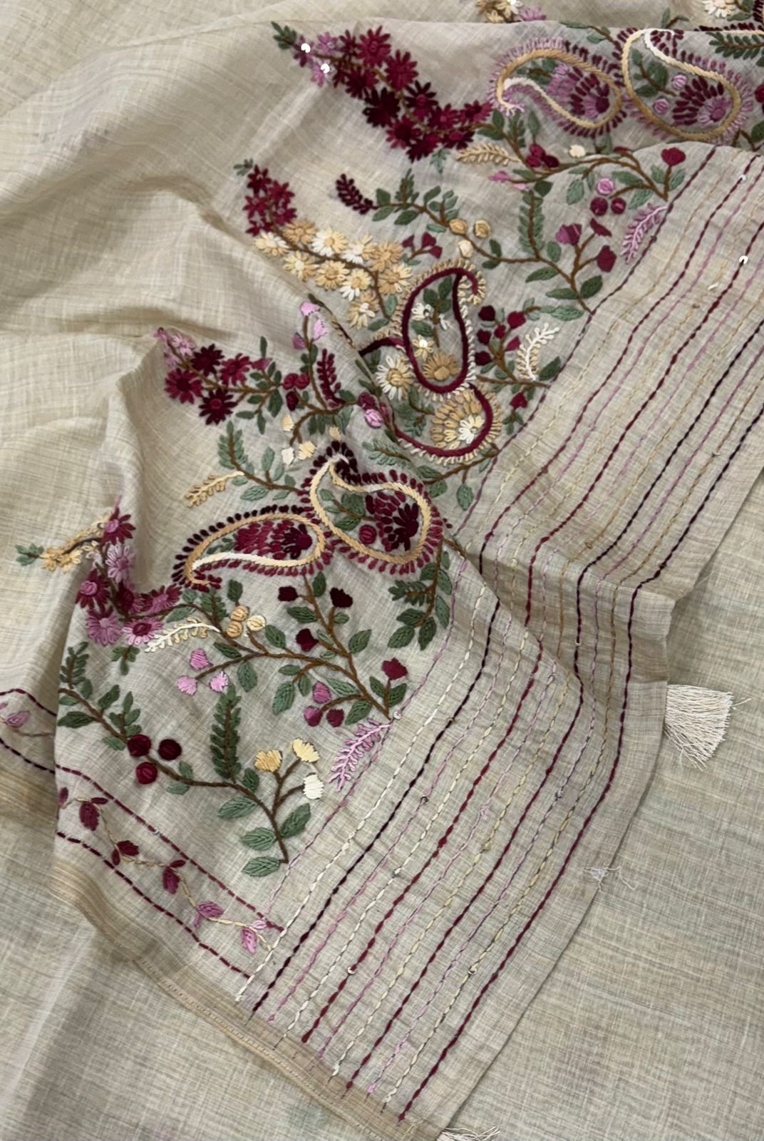 Tussar silk saree with embroidery work all over the pallu